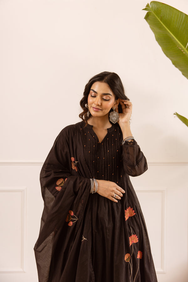 Nehamta Women's Black Chanderi Cotton Kurta with Pant & Dupatta