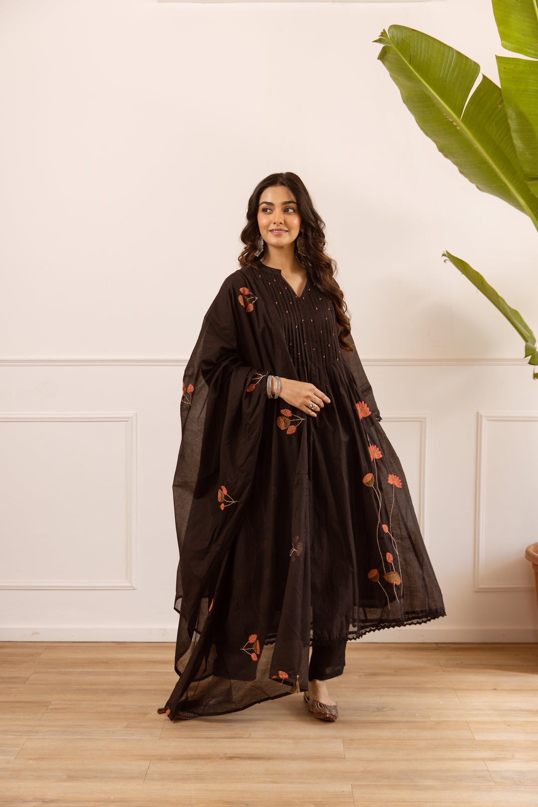 Nehamta Women's Black Chanderi Cotton Kurta with Pant & Dupatta