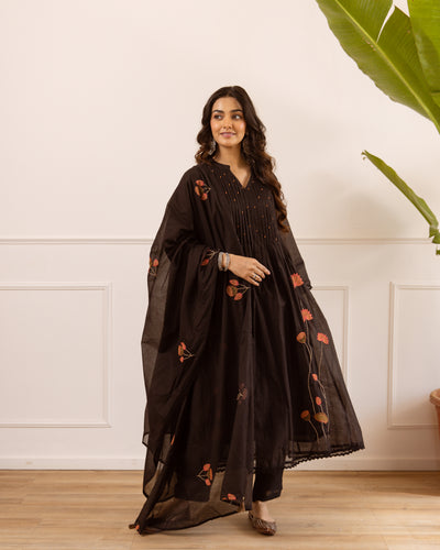Nehamta Women's Black Chanderi Cotton Kurta with Pant & Dupatta