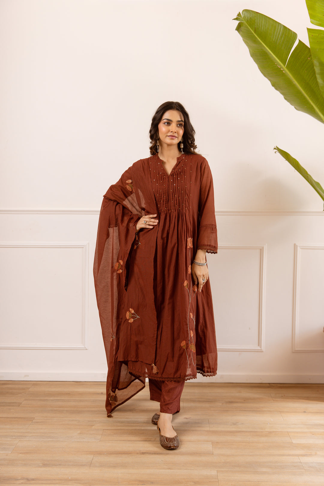 Nehamta Women's Brown Chanderi Cotton Kurta with Pant & Dupatta