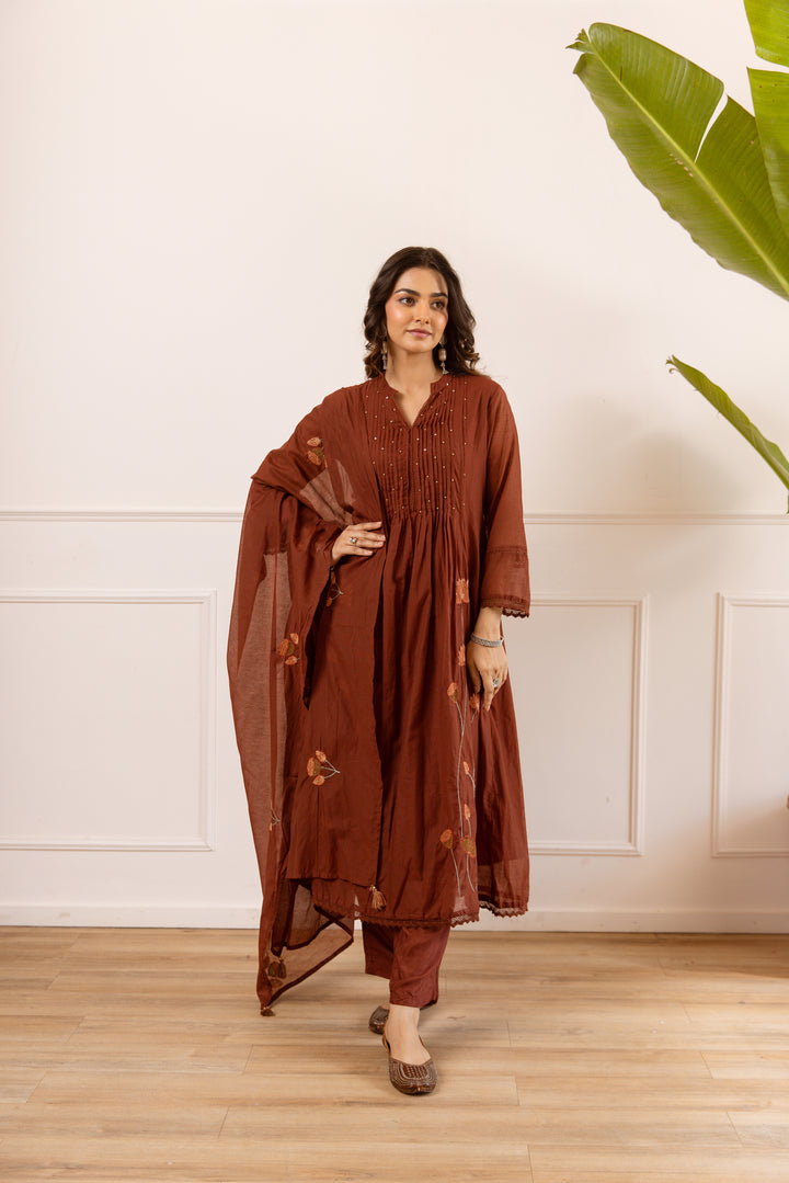 Nehamta Women's Brown Chanderi Cotton Kurta with Pant & Dupatta