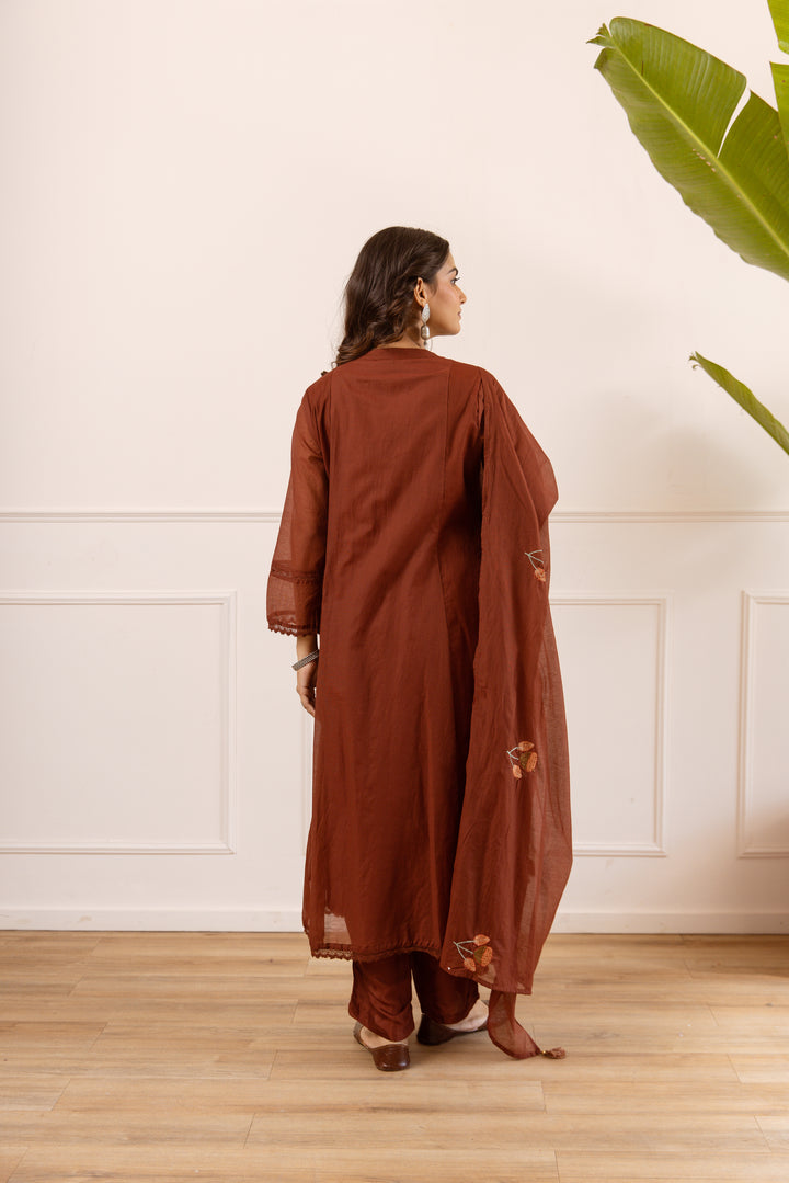 Nehamta Women's Brown Chanderi Cotton Kurta with Pant & Dupatta