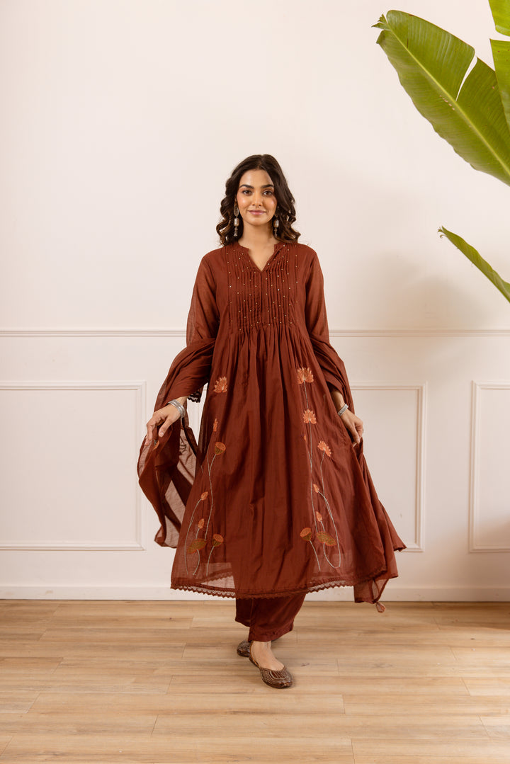 Nehamta Women's Brown Chanderi Cotton Kurta with Pant & Dupatta