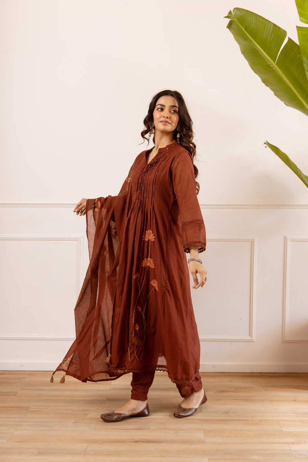 Nehamta Women's Brown Chanderi Cotton Kurta with Pant & Dupatta