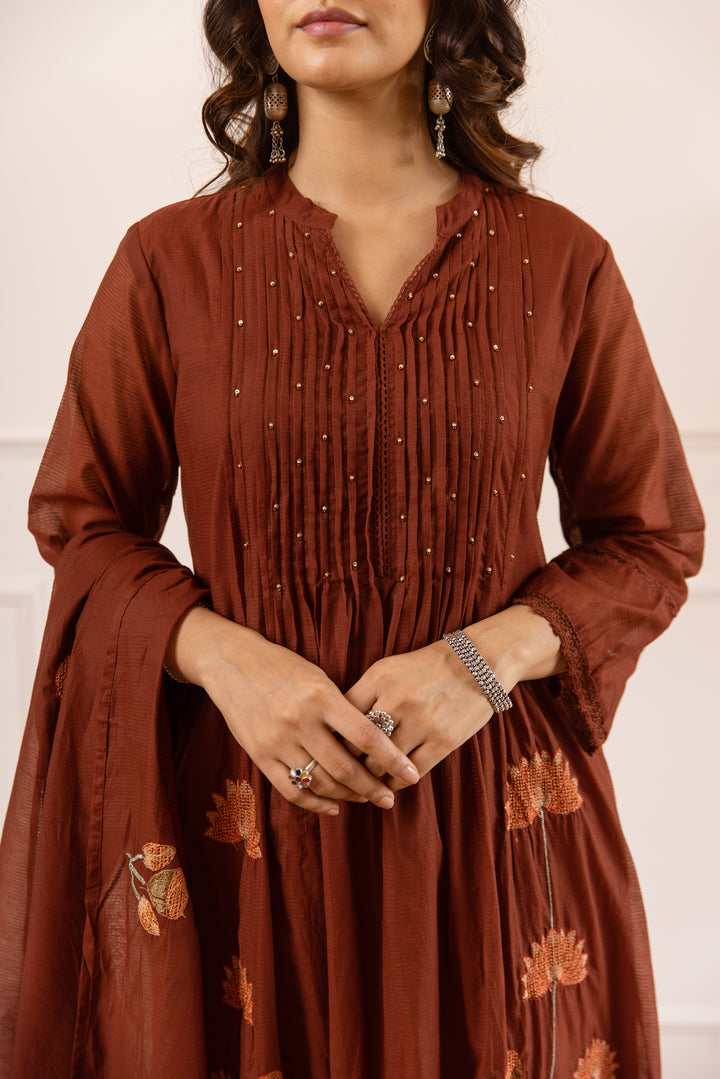 Nehamta Women's Brown Chanderi Cotton Kurta with Pant & Dupatta
