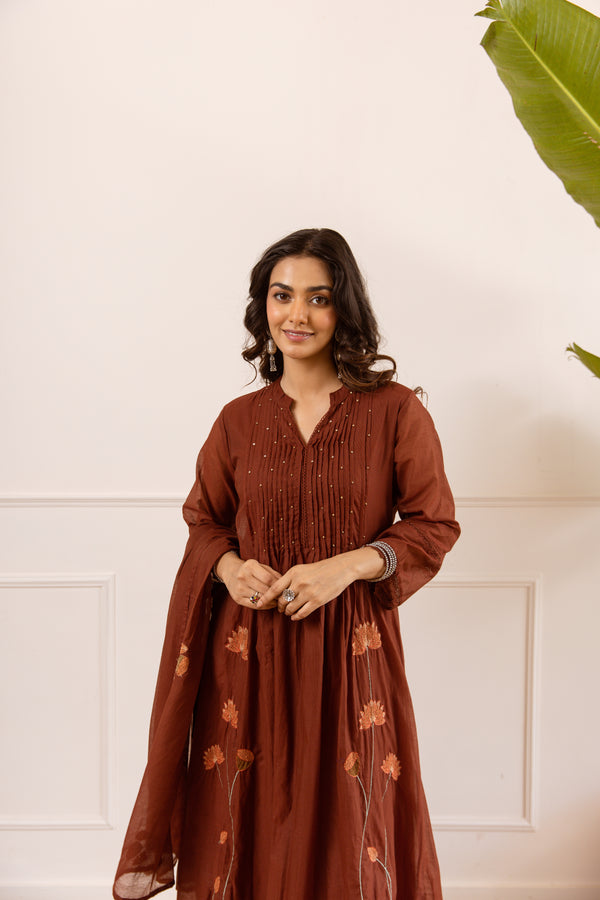 Nehamta Women's Brown Chanderi Cotton Kurta with Pant & Dupatta