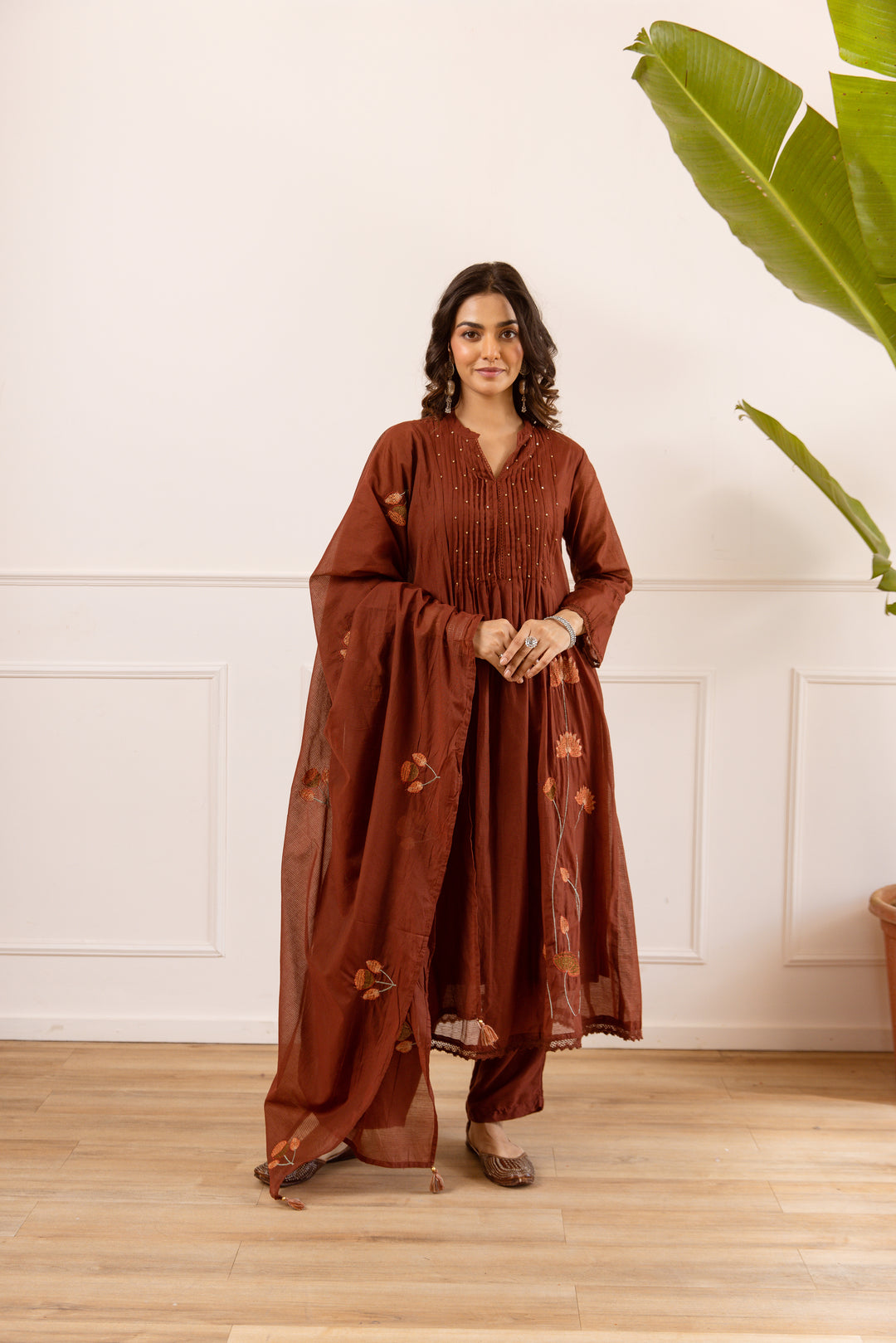 Nehamta Women's Brown Chanderi Cotton Kurta with Pant & Dupatta