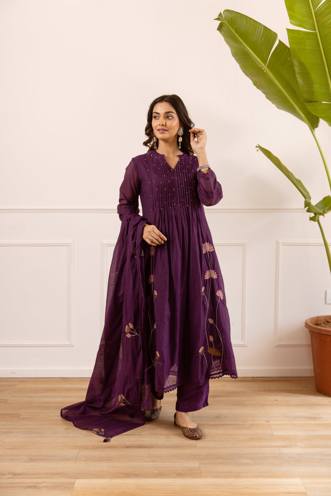 Nehamta Women's Purple Chanderi Cotton Kurta with Pant & Dupatta