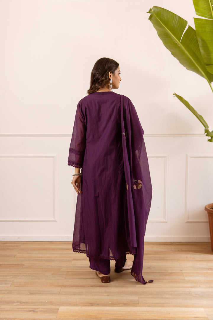 Nehamta Women's Purple Chanderi Cotton Kurta with Pant & Dupatta