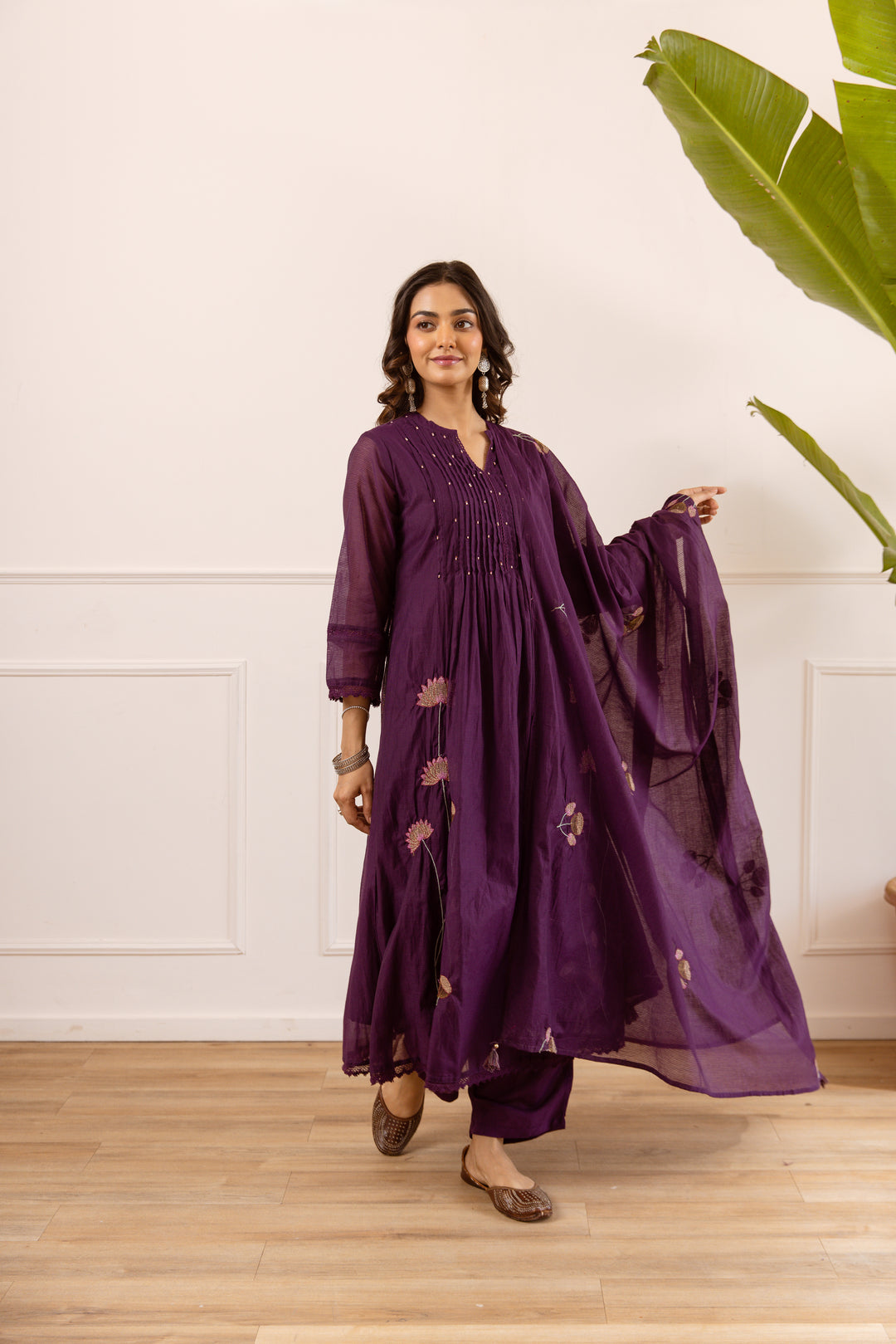 Nehamta Women's Purple Chanderi Cotton Kurta with Pant & Dupatta