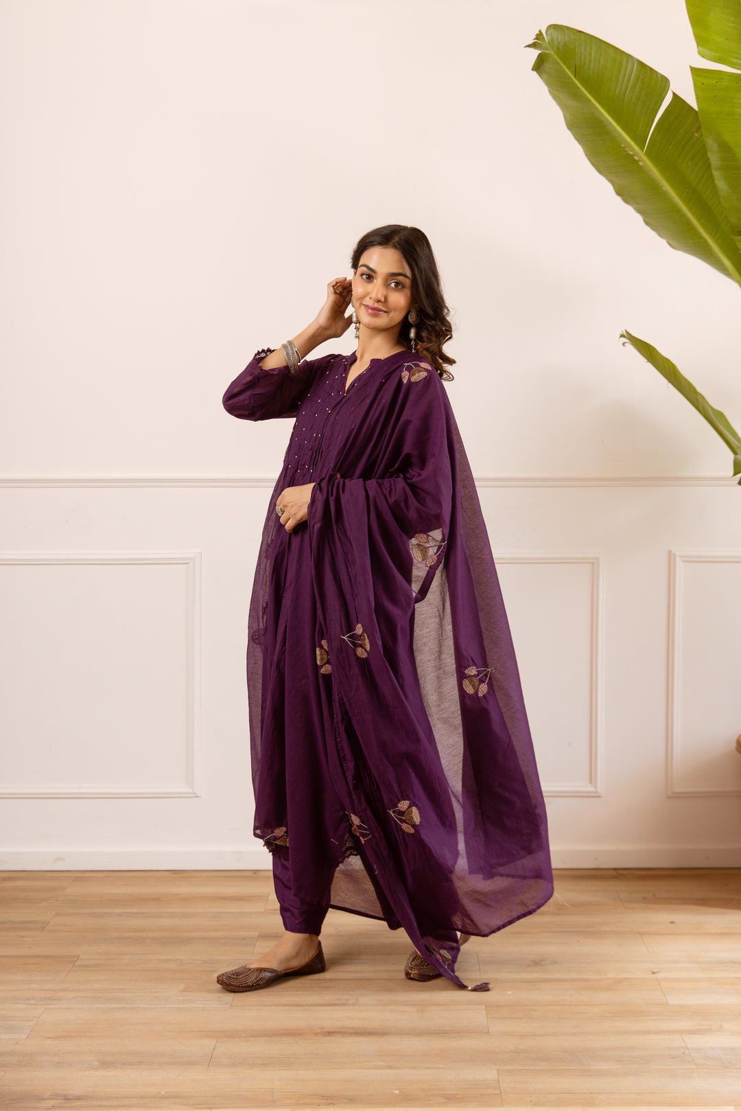 Nehamta Women's Purple Chanderi Cotton Kurta with Pant & Dupatta