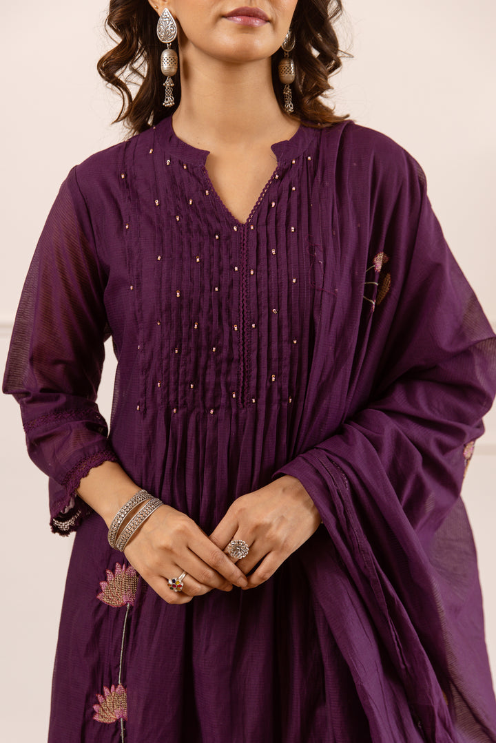 Nehamta Women's Purple Chanderi Cotton Kurta with Pant & Dupatta