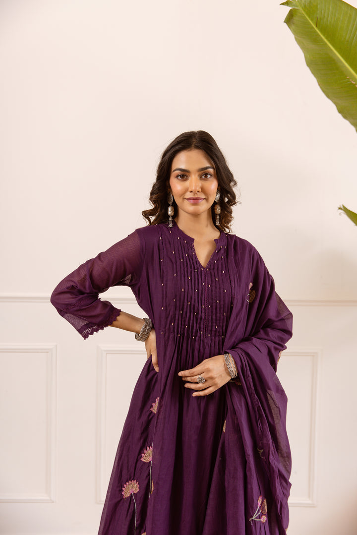 Nehamta Women's Purple Chanderi Cotton Kurta with Pant & Dupatta