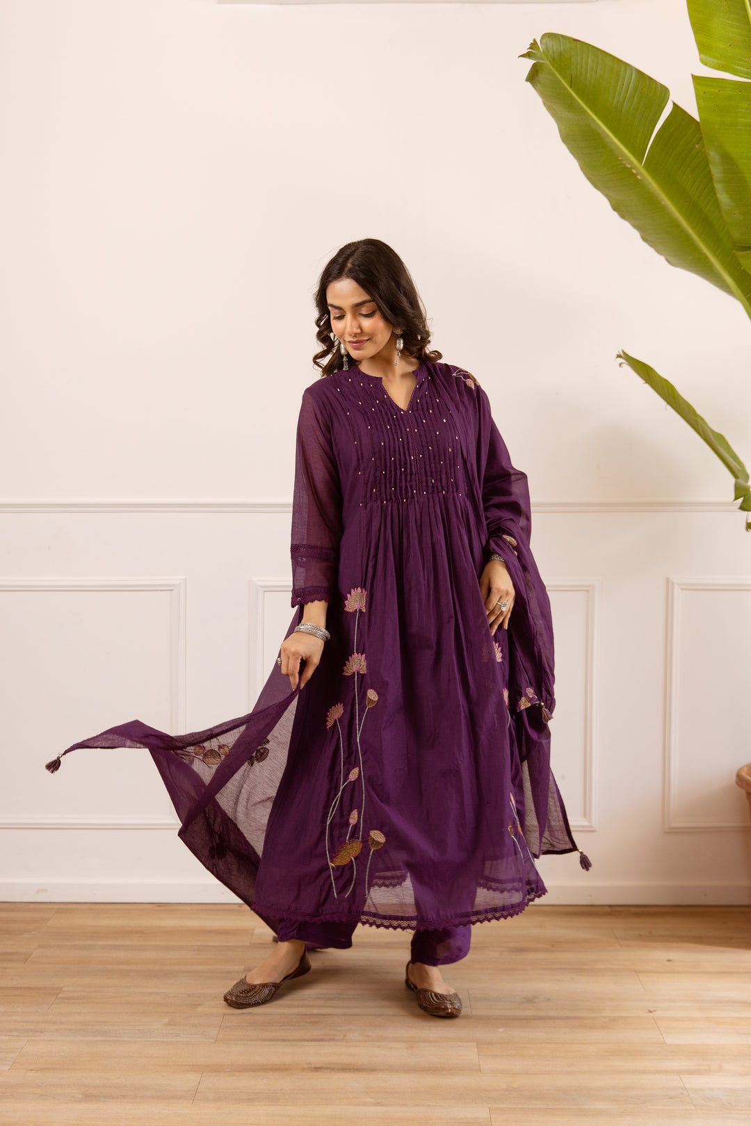 Nehamta Women's Purple Chanderi Cotton Kurta with Pant & Dupatta
