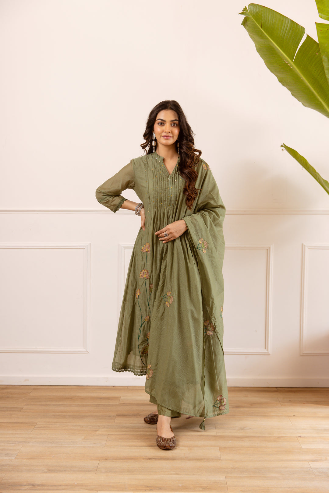 Nehamta Women's Olive Chanderi Cotton Kurta with Pant & Dupatta