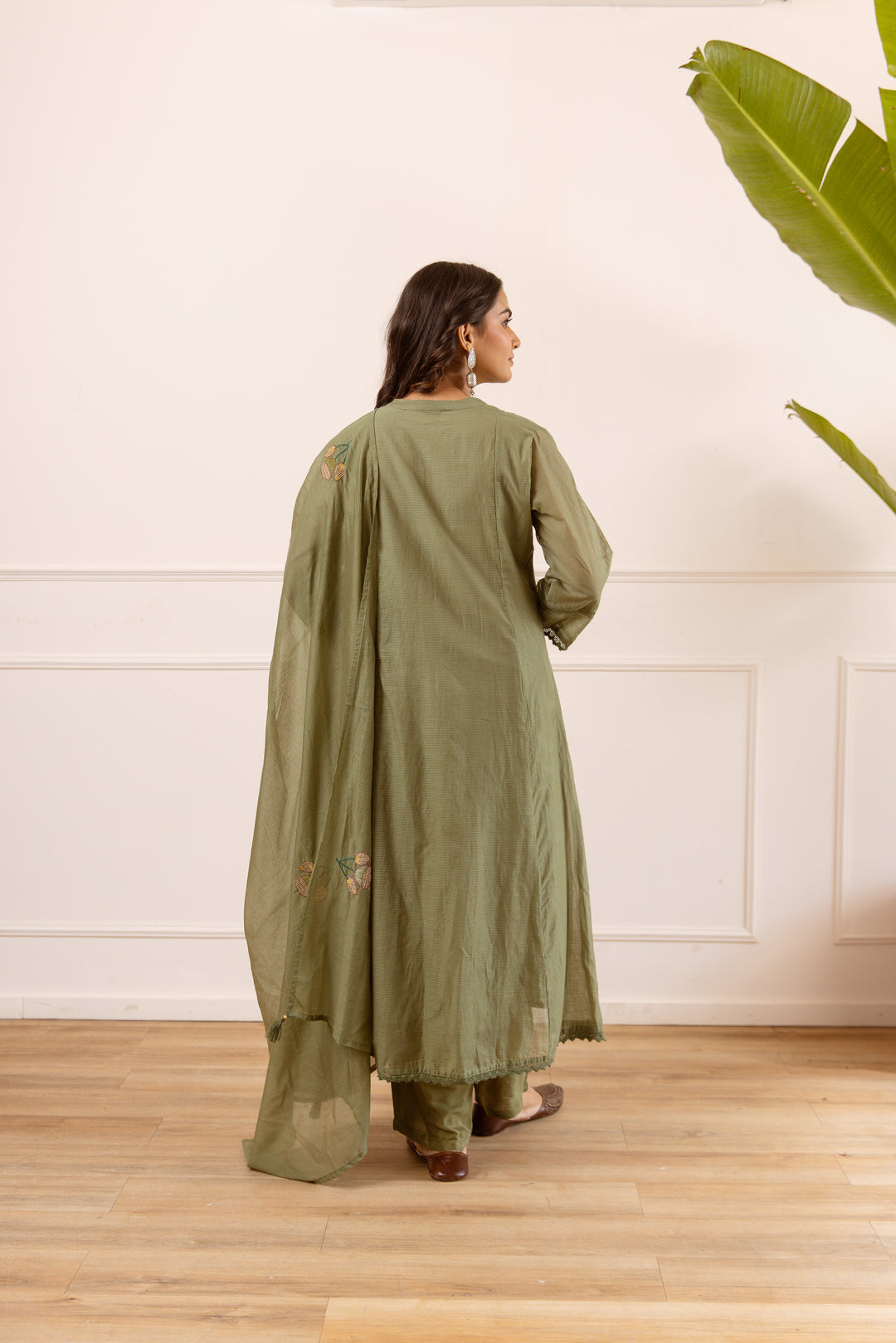 Nehamta Women's Olive Chanderi Cotton Kurta with Pant & Dupatta