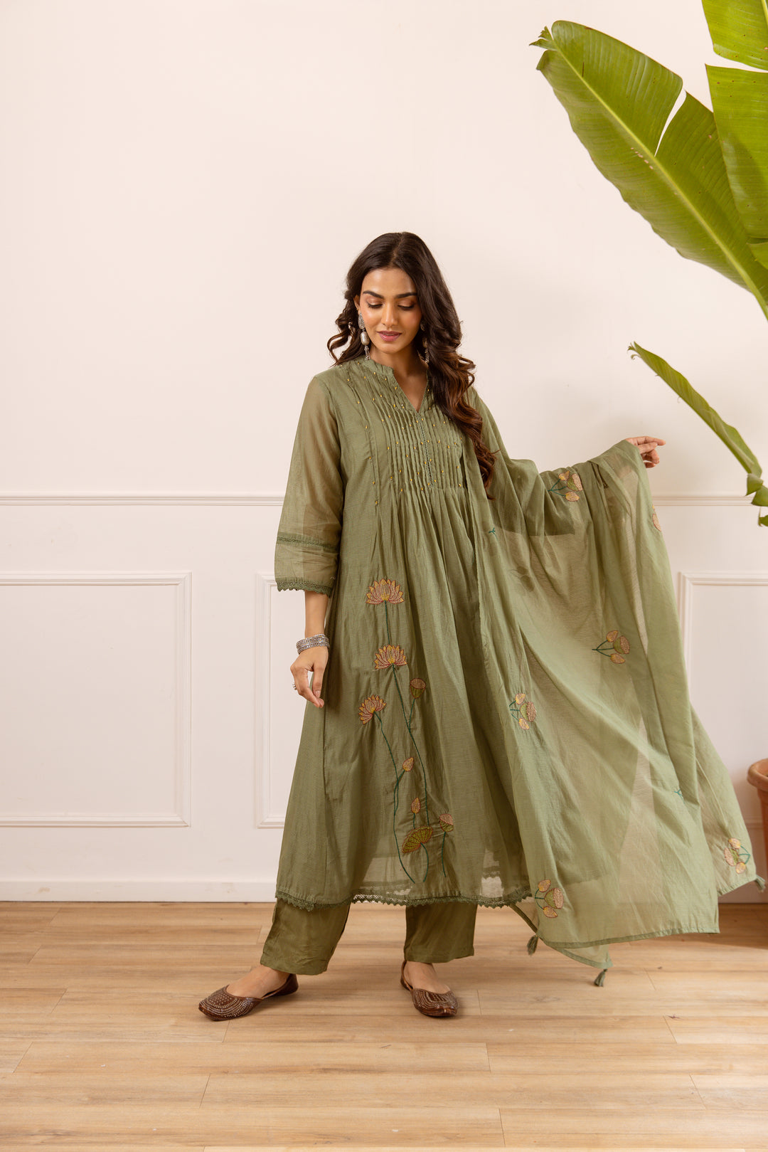 Nehamta Women's Olive Chanderi Cotton Kurta with Pant & Dupatta