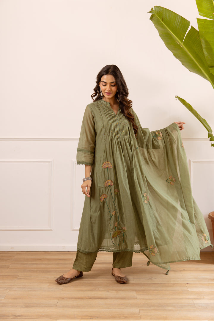 Nehamta Women's Olive Chanderi Cotton Kurta with Pant & Dupatta