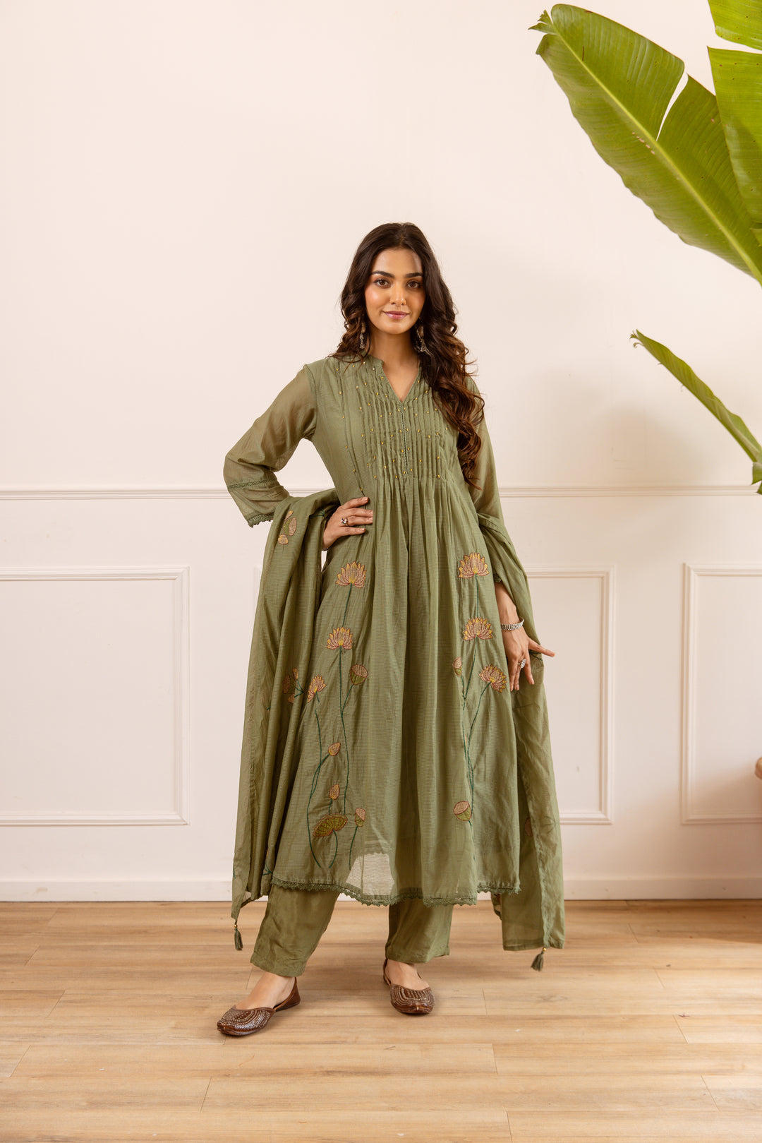 Nehamta Women's Olive Chanderi Cotton Kurta with Pant & Dupatta