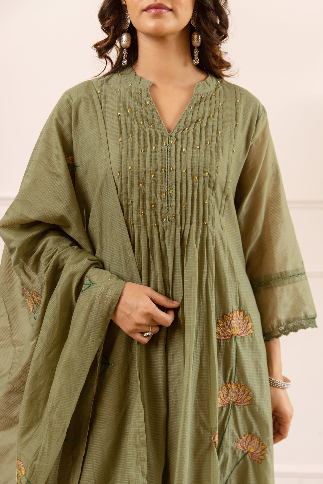 Nehamta Women's Olive Chanderi Cotton Kurta with Pant & Dupatta
