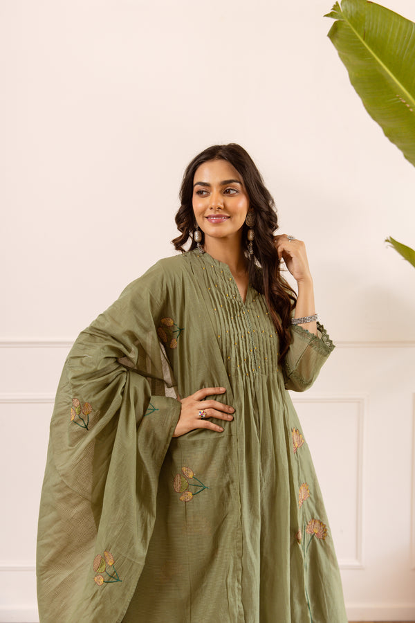 Nehamta Women's Olive Chanderi Cotton Kurta with Pant & Dupatta
