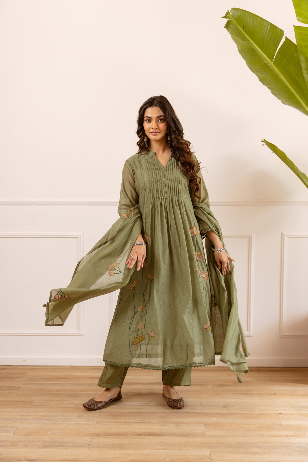 Nehamta Women's Olive Chanderi Cotton Kurta with Pant & Dupatta