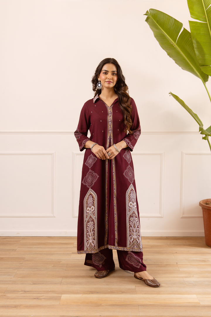 Nehamta Women's Maroon Rayon Kurta & Palazzo Set