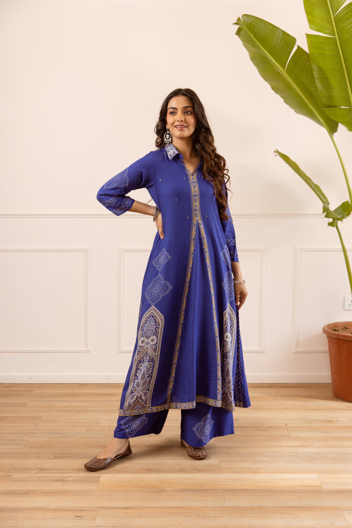 Nehamta Women's Blue Rayon Kurta & Palazzo Set
