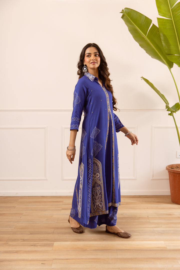Nehamta Women's Blue Rayon Kurta & Palazzo Set
