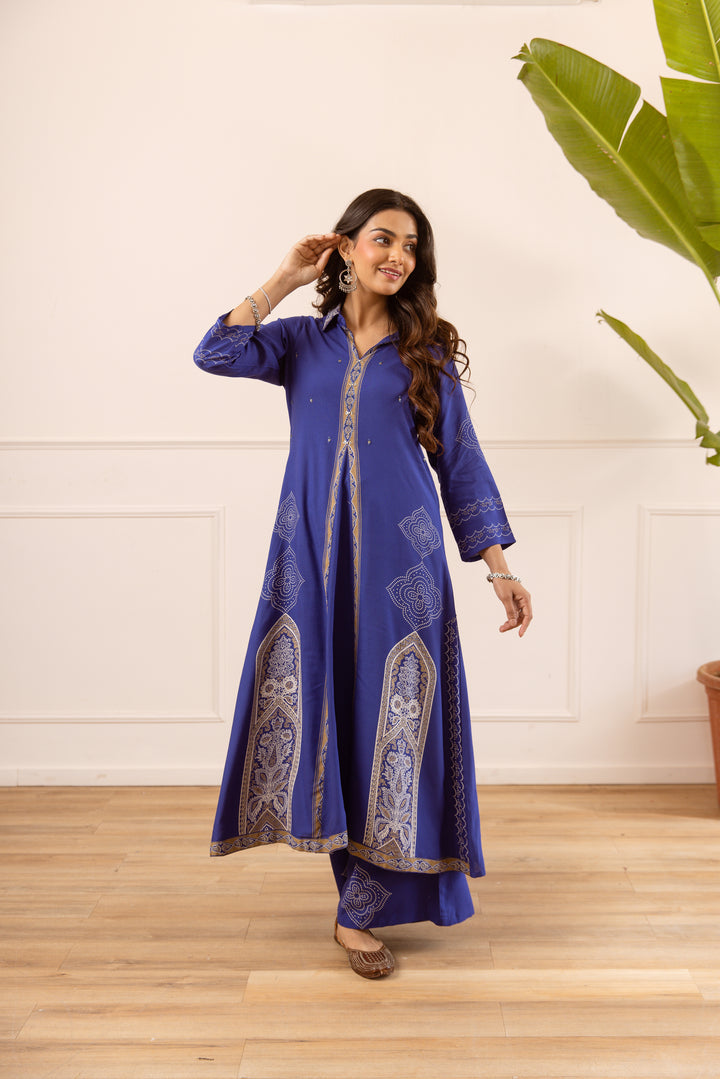 Nehamta Women's Blue Rayon Kurta & Palazzo Set