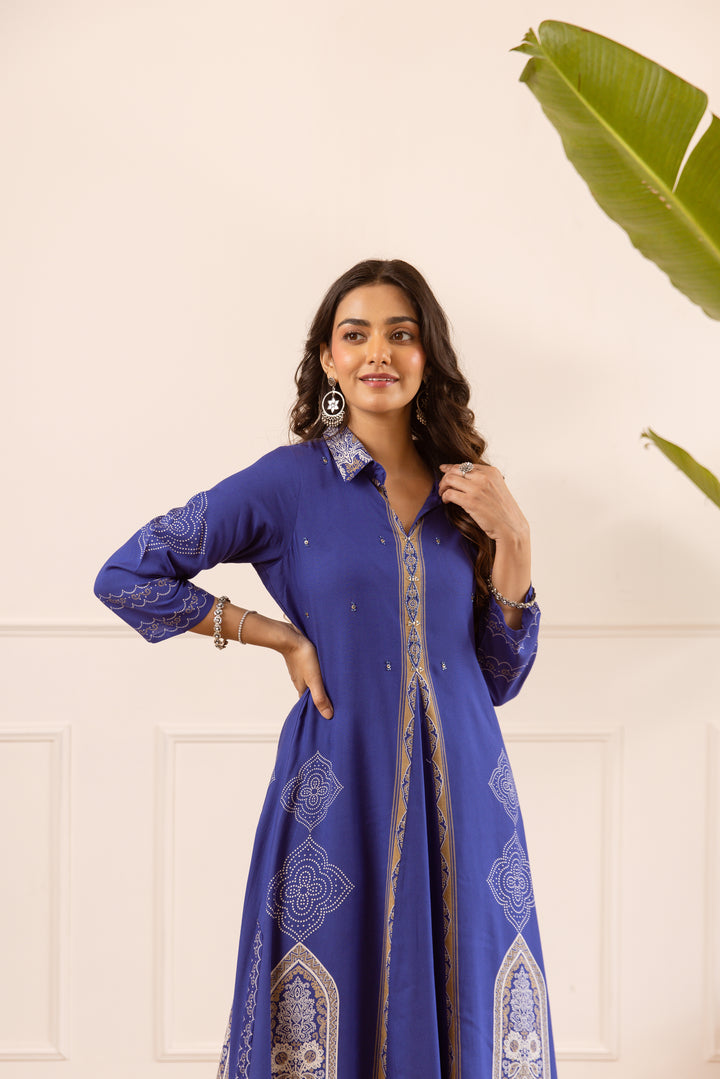 Nehamta Women's Blue Rayon Kurta & Palazzo Set