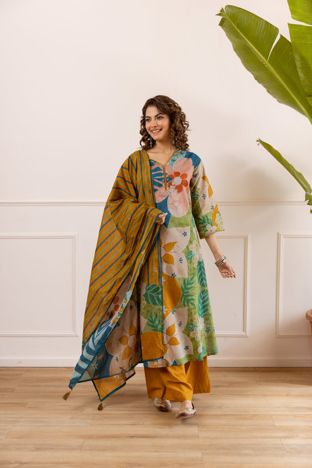 Nehamta Women's Multi Cotton Kurta with Palazzo & Dupatta