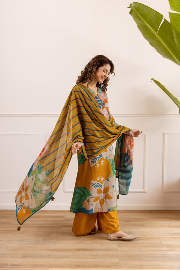 Nehamta Women's Multi Cotton Kurta with Palazzo & Dupatta