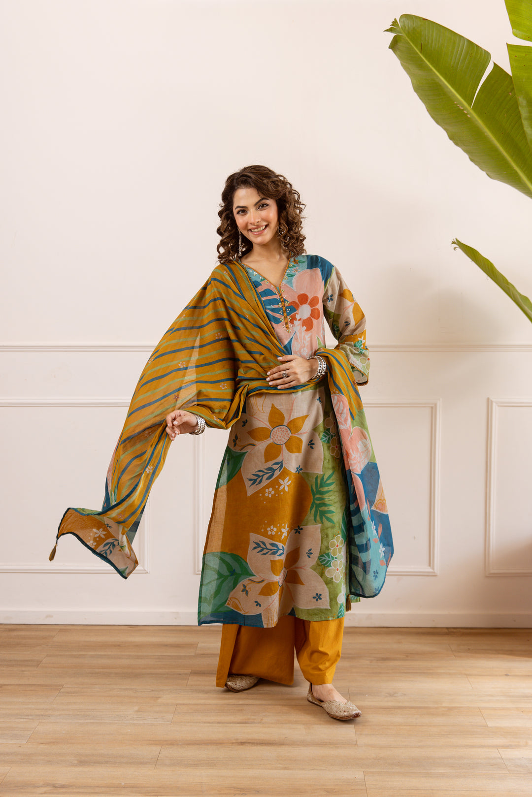 Nehamta Women's Multi Cotton Kurta with Palazzo & Dupatta