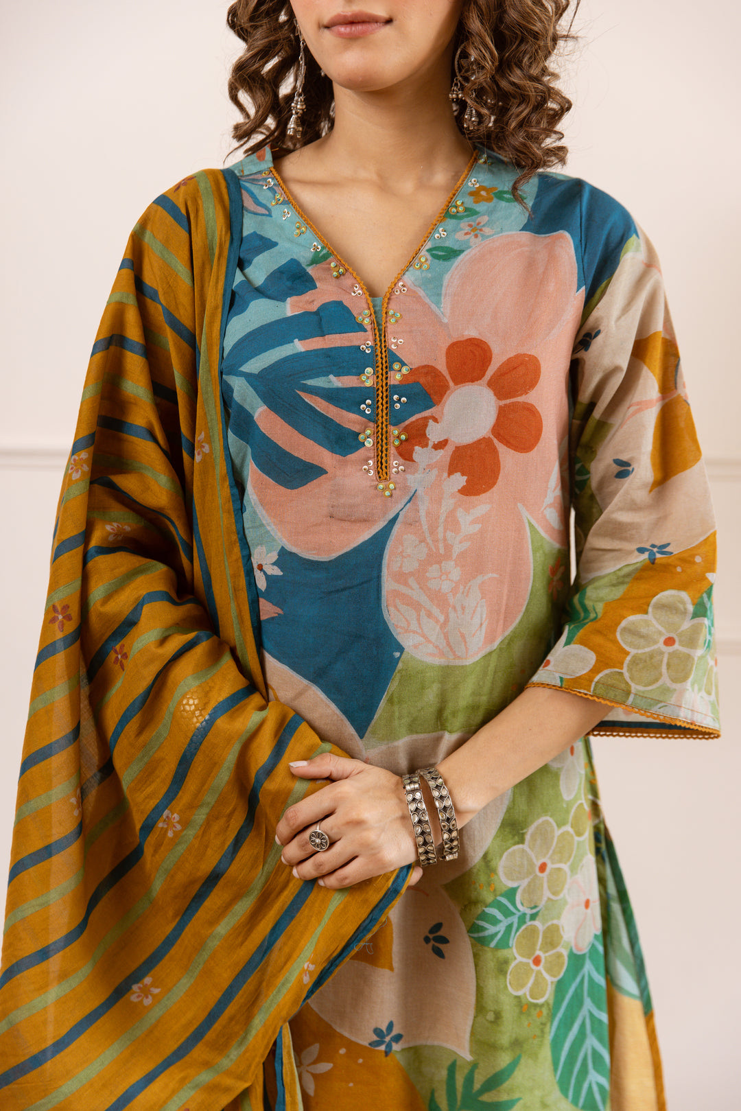 Nehamta Women's Multi Cotton Kurta with Palazzo & Dupatta