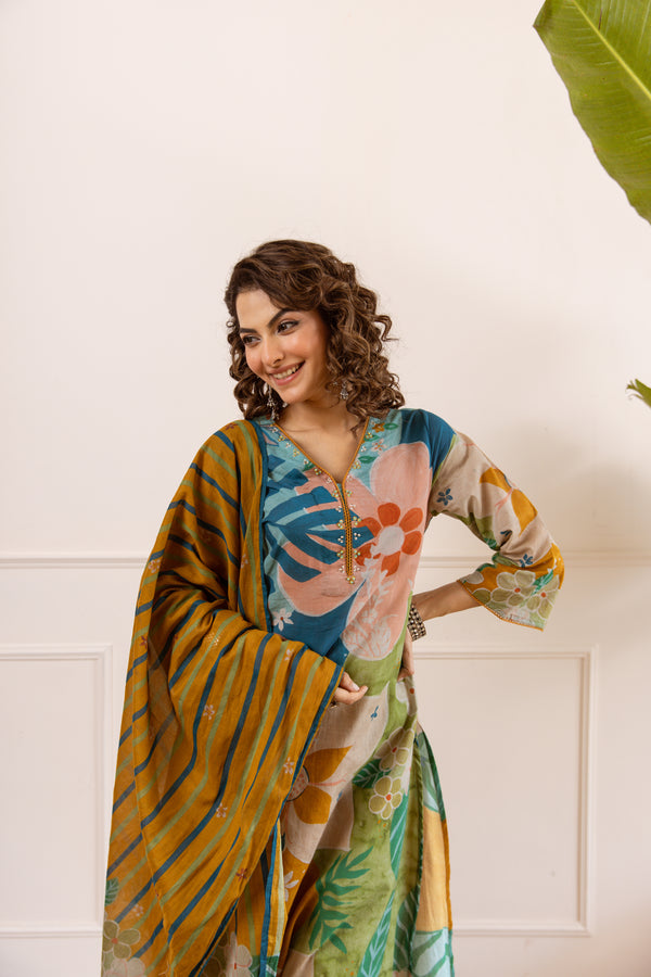 Nehamta Women's Multi Cotton Kurta with Palazzo & Dupatta