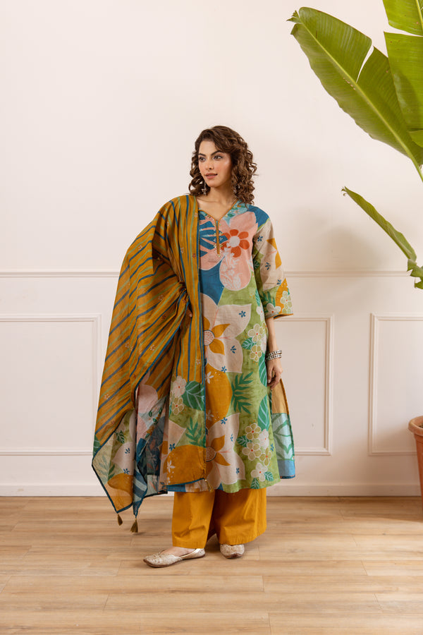 Nehamta Women's Multi Cotton Kurta with Palazzo & Dupatta