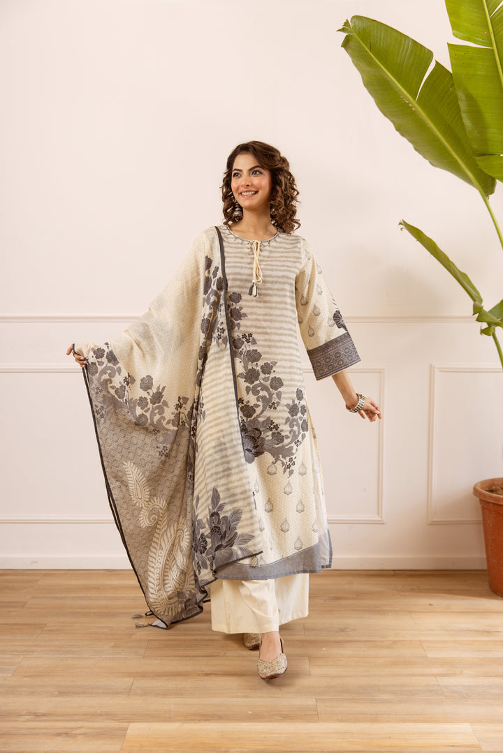 Nehamta Women's Beige Cotton Kurta with Palazzo & Dupatta
