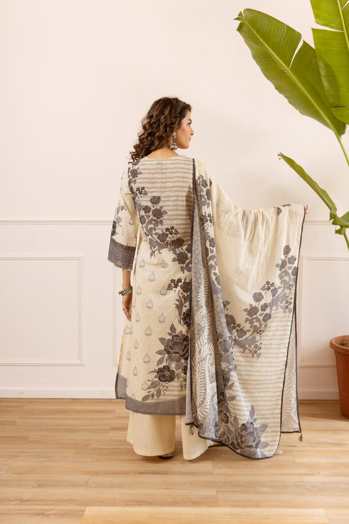 Nehamta Women's Beige Cotton Kurta with Palazzo & Dupatta