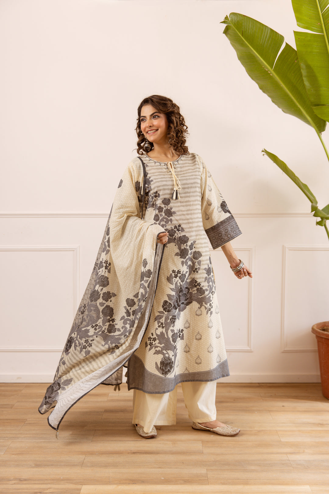 Nehamta Women's Beige Cotton Kurta with Palazzo & Dupatta