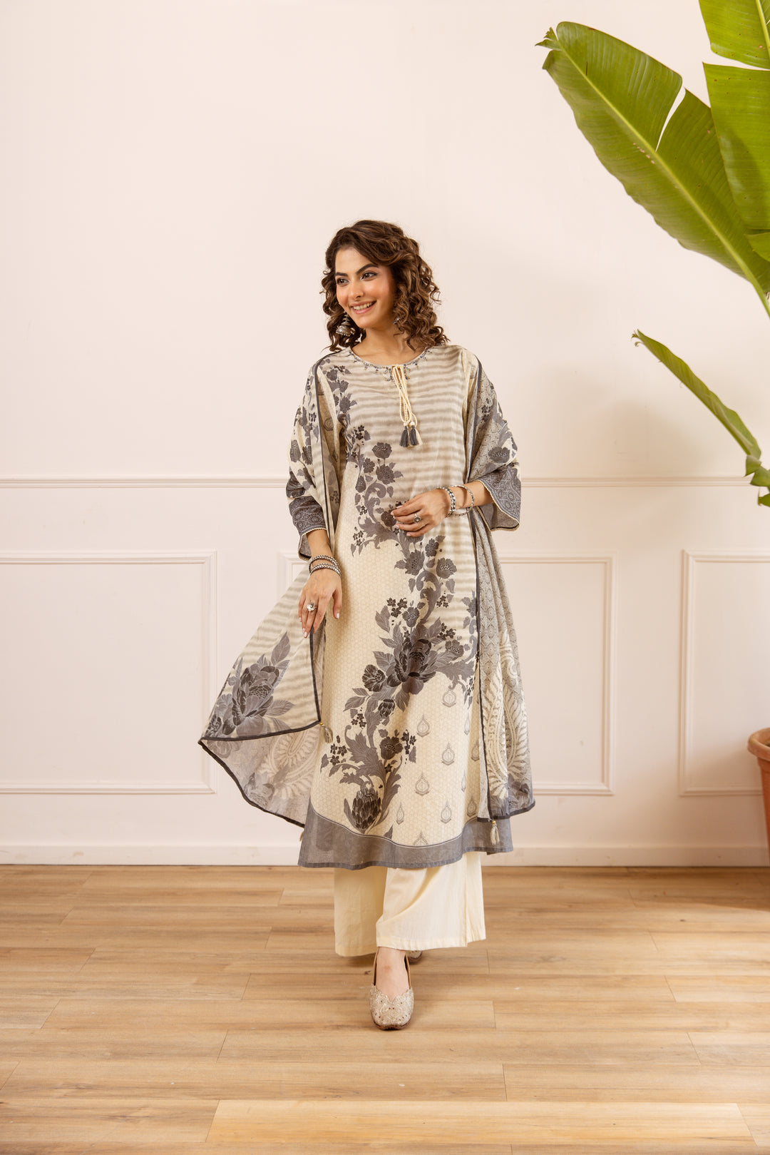 Nehamta Women's Beige Cotton Kurta with Palazzo & Dupatta