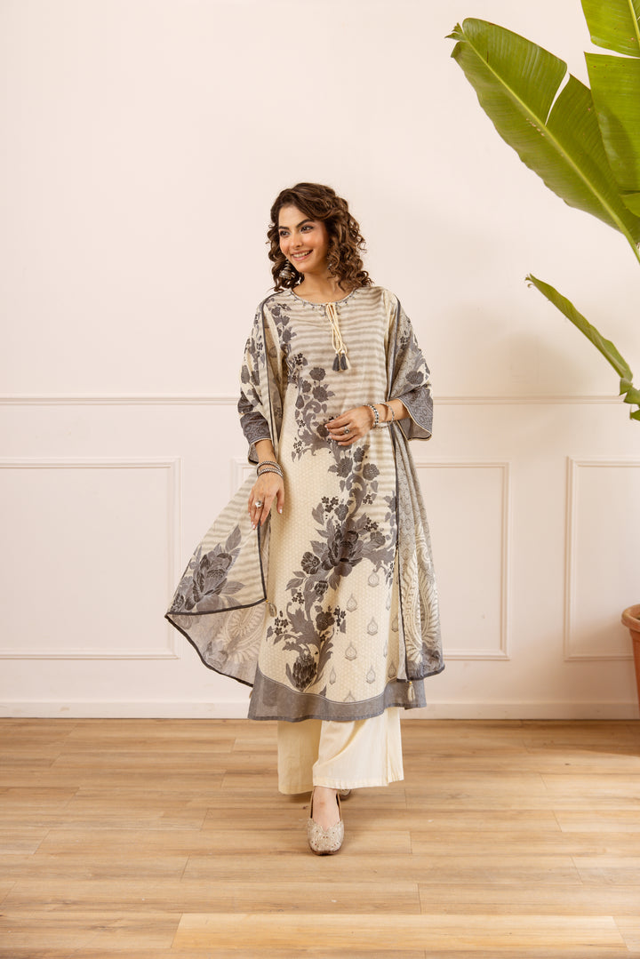 Nehamta Women's Beige Cotton Kurta with Palazzo & Dupatta