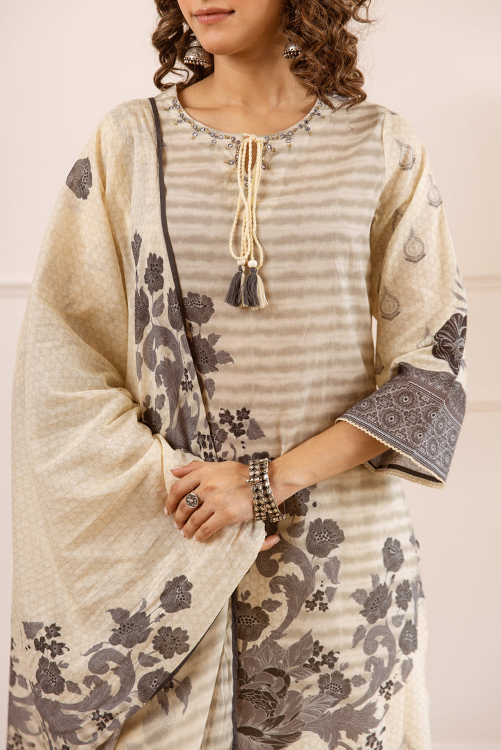 Nehamta Women's Beige Cotton Kurta with Palazzo & Dupatta