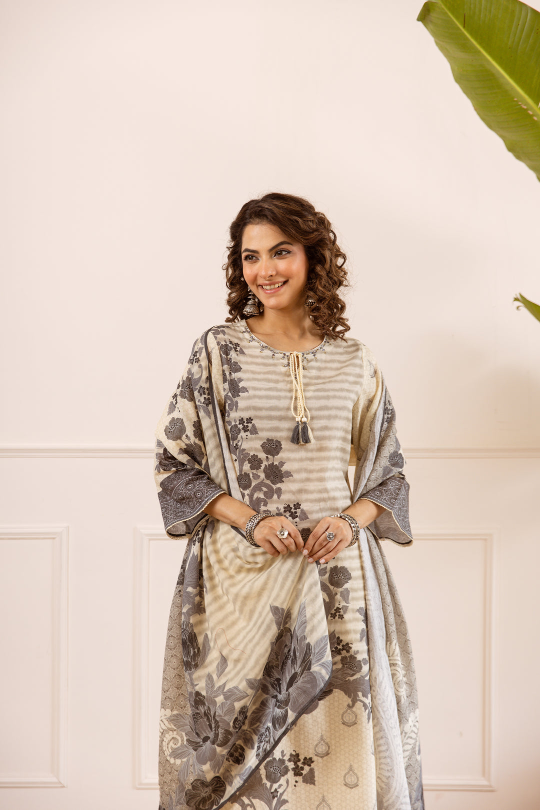 Nehamta Women's Beige Cotton Kurta with Palazzo & Dupatta