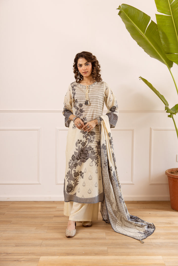 Nehamta Women's Beige Cotton Kurta with Palazzo & Dupatta