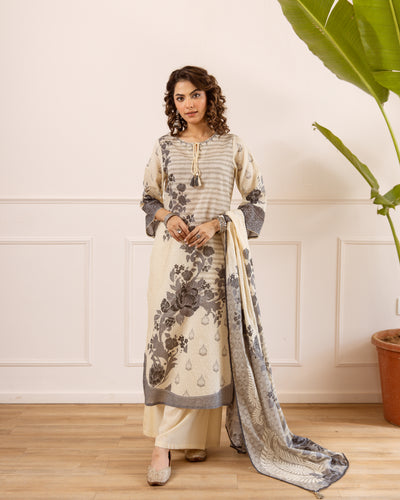 Nehamta Women's Beige Cotton Kurta with Palazzo & Dupatta