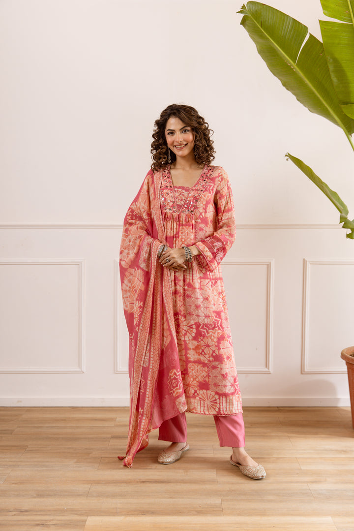 Nehamta Women's Peach Chanderi Cotton Kurta with Pant & Dupatta