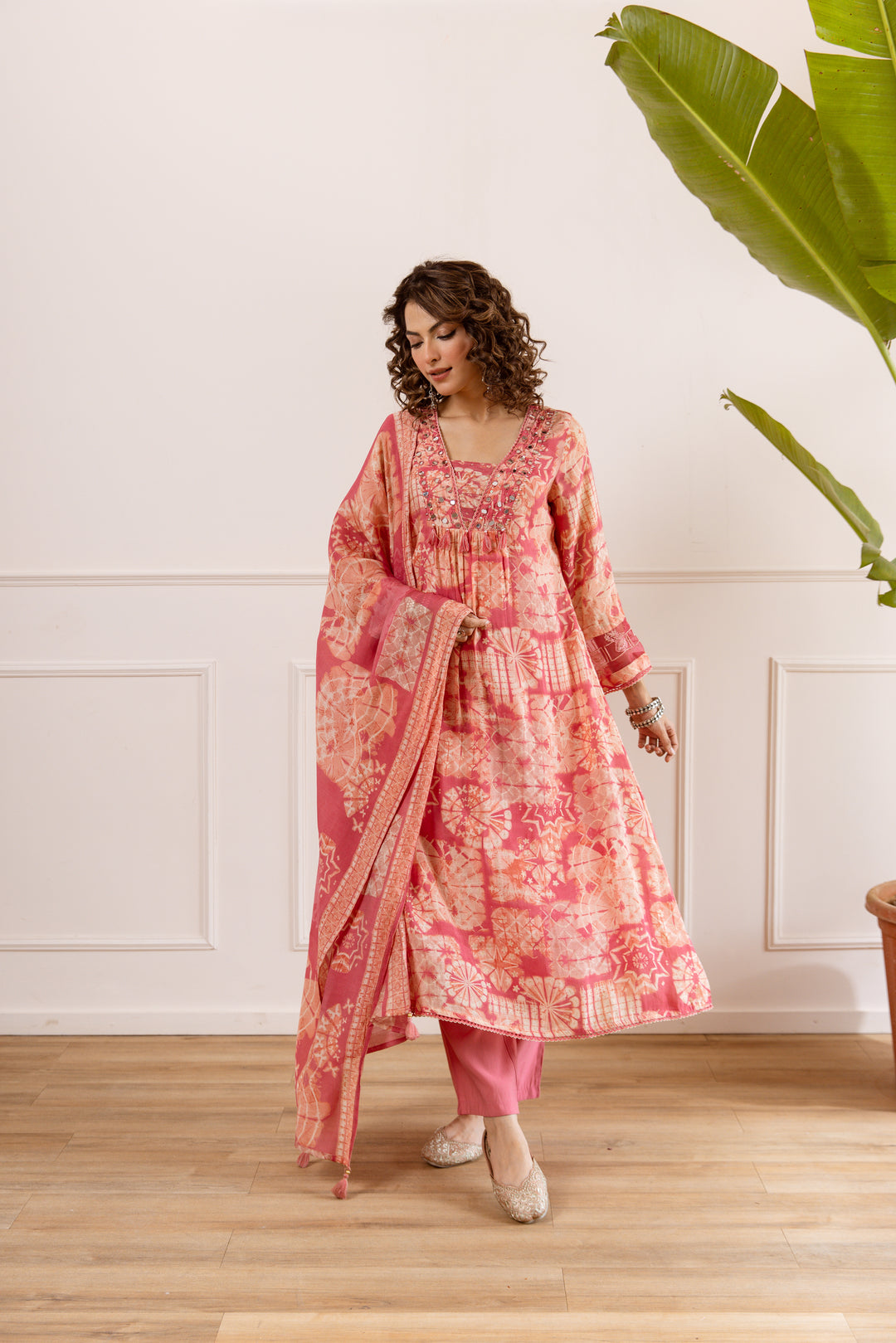 Nehamta Women's Peach Chanderi Cotton Kurta with Pant & Dupatta