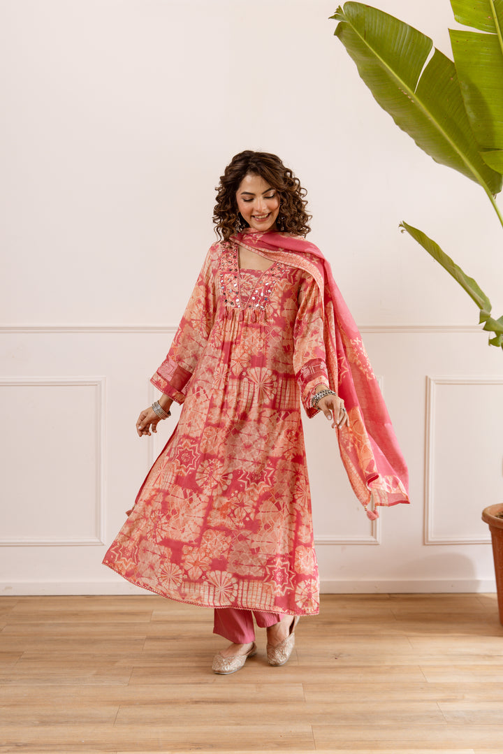 Nehamta Women's Peach Chanderi Cotton Kurta with Pant & Dupatta