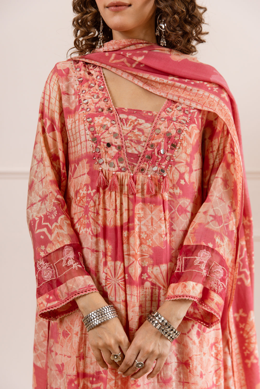 Nehamta Women's Peach Chanderi Cotton Kurta with Pant & Dupatta